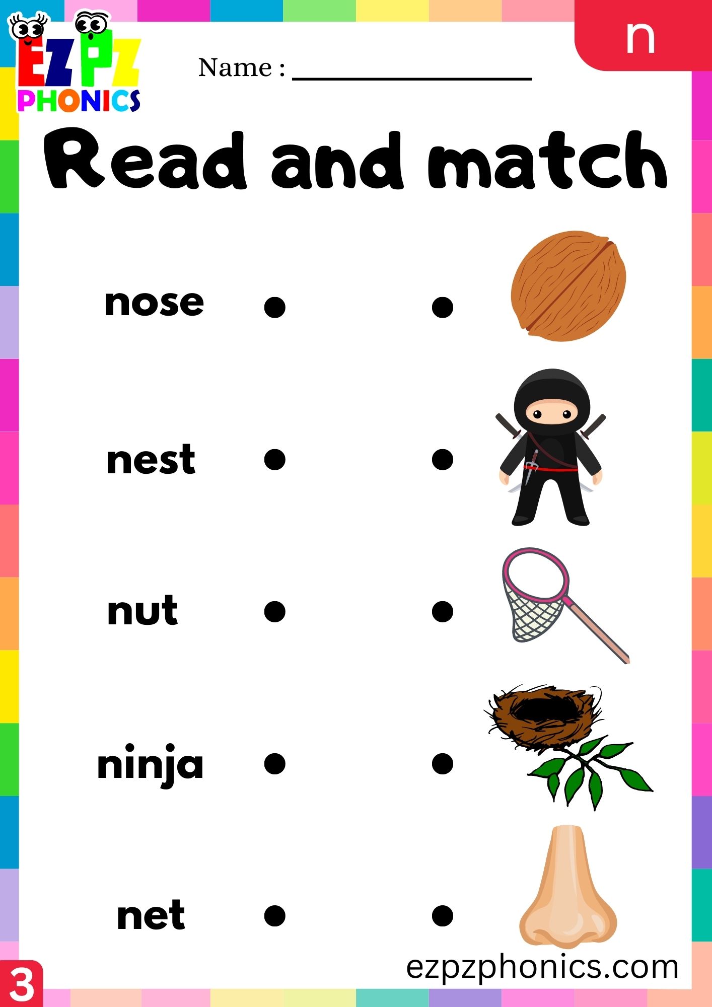 Letter n Read and Match the Correct Images Phonics Activity Group 3